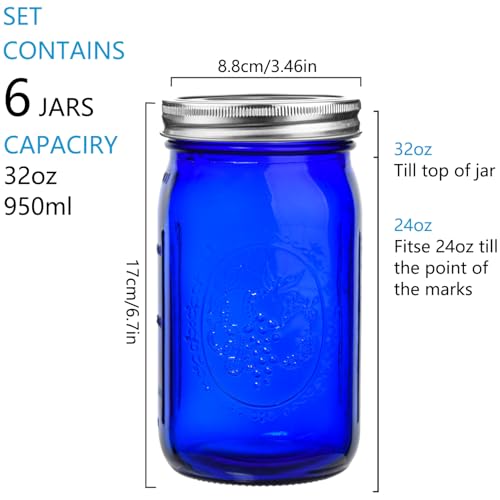 eleganttime Blue Mason Jars Wide Mouth,6 Pack Cobalt Blue Colored Mason Jars 32 oz for Canning, Pickling, Storage, DIY Crafts & Décor - Image 2