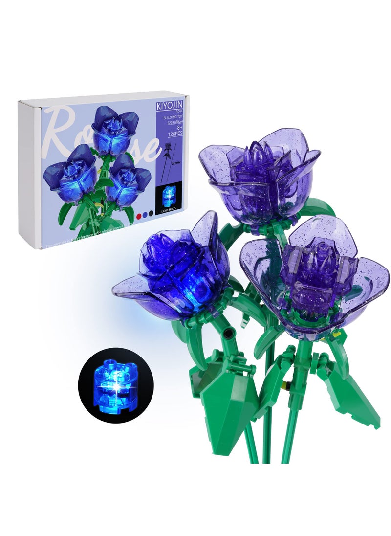KIYOJIN KIYOJIN Rose Flower Bouquet Building Set with LightsArtificial Plant Cute Botanical Collection Compatible Gift for Adult HerMomWomenSisterGirlCreative Project Home Decor52033 Blue 126pcs 