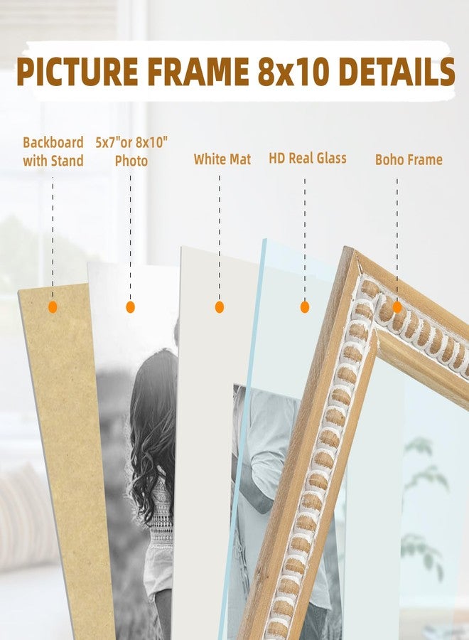 MACVAD Wooden 8x10 Picture Frame with Mat for Displays 8x10 and 5x7 Photos, Farmhouse Picture Frames with Wooden Beaded Design, White 8 by 10 Picture Frame for Tabletop Home Decor - Image 2