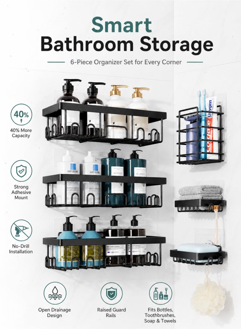 Topyich 6 Pack No Drill Bathroom Storage Organizer , Rustproof Black Iron Shower Caddy Adhesive Shelves，Waterproof Storage Rack for Home - Image 4