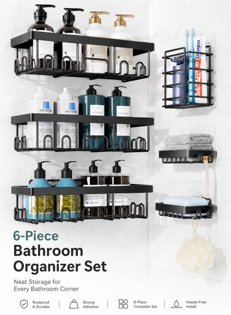 Topyich 6 Pack No Drill Bathroom Storage Organizer , Rustproof Black Iron Shower Caddy Adhesive Shelves，Waterproof Storage Rack for Home - Image 1
