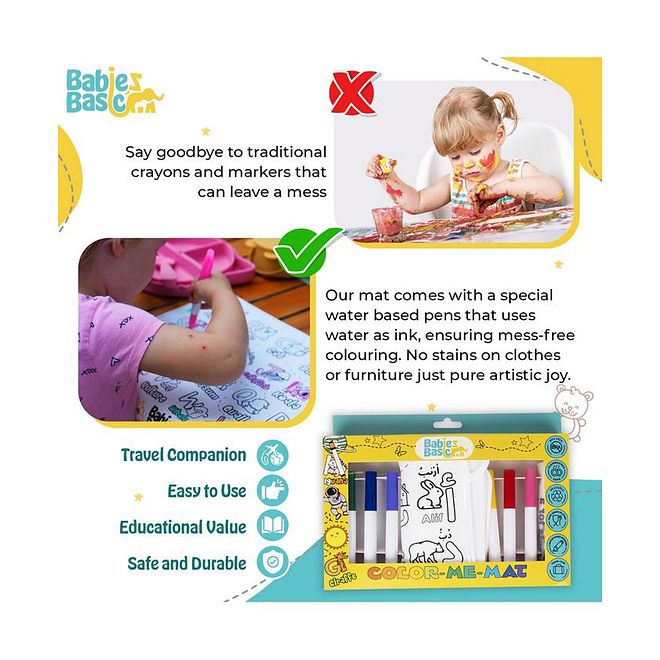 Babies Basic Reusable Silicone Coloring Mat, with Pens and Travel Case, Endless Creativity, Montessori Toy, 40 x 3 x 30cm, 3 Years+ - Arabic Alphabet Design - Image 3