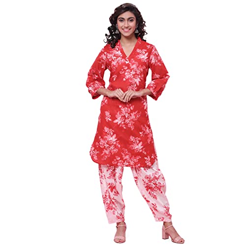 BIBA Printed Cotton V-Neck Womens Salwar Kurta Dupatta Set (RED, SIZE_32) - Image 1