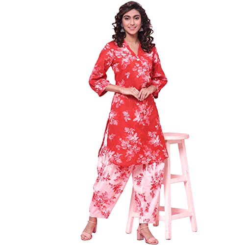 BIBA Printed Cotton V-Neck Womens Salwar Kurta Dupatta Set (RED, SIZE_32) - Image 5