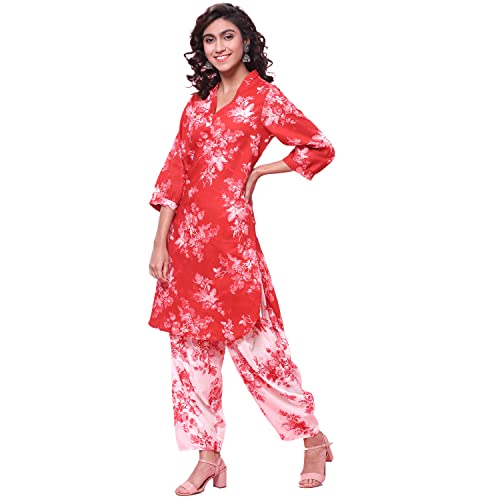 BIBA Printed Cotton V-Neck Womens Salwar Kurta Dupatta Set (RED, SIZE_32) - Image 2