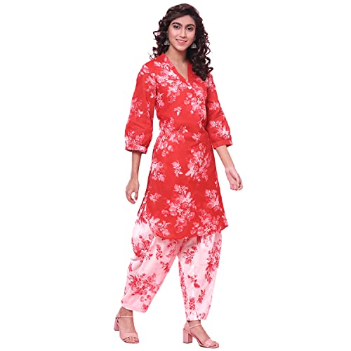 BIBA Printed Cotton V-Neck Womens Salwar Kurta Dupatta Set (RED, SIZE_32) - Image 3