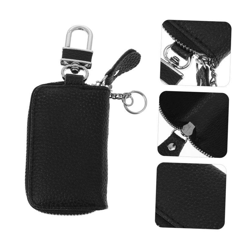 Genuine Leather Car Key Holder Pouch Zipper Waist Bag Litchi Texture Design - Image 4