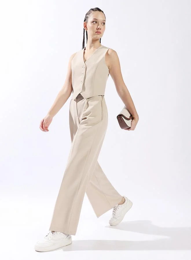 هاي ستار طقم سترة بدون أكمام بياقة على شكل حرف مع بنطلون