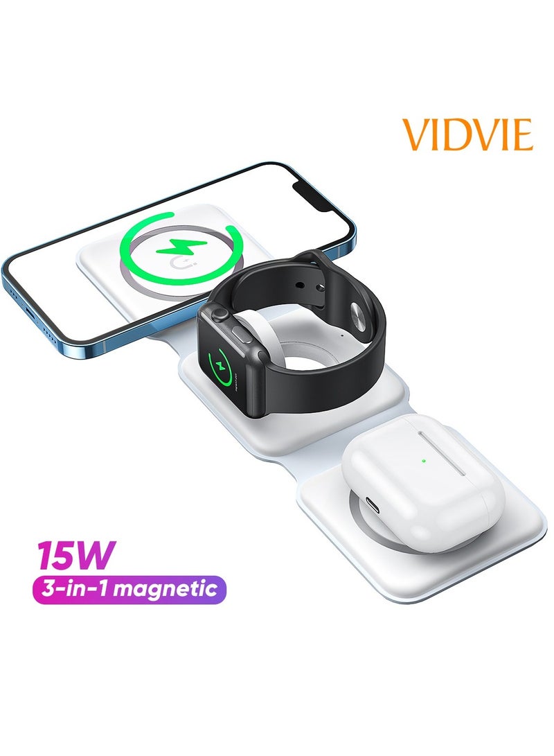 فيدفي شاحن لاسلكي مغناطيسي 3 في 1 يشحن الهاتف، السماعات، والساعة بسرعة وكفاءة. تصميم خفيف الوزن مع مؤشر شحن وكابل Type-C مرفق. - Image 1