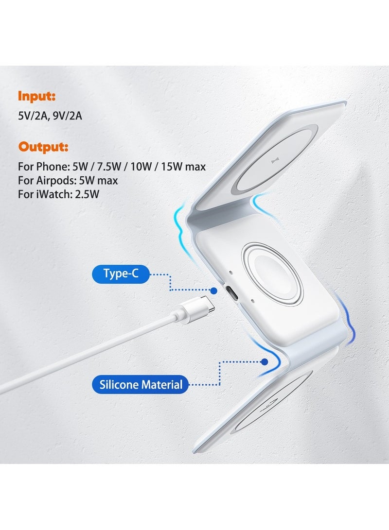 فيدفي شاحن لاسلكي مغناطيسي 3 في 1 يشحن الهاتف، السماعات، والساعة بسرعة وكفاءة. تصميم خفيف الوزن مع مؤشر شحن وكابل Type-C مرفق. - Image 2