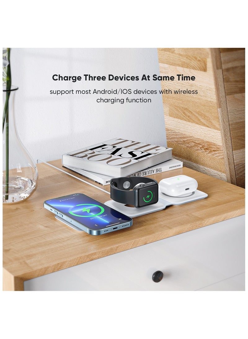فيدفي شاحن لاسلكي مغناطيسي 3 في 1 يشحن الهاتف، السماعات، والساعة بسرعة وكفاءة. تصميم خفيف الوزن مع مؤشر شحن وكابل Type-C مرفق. - Image 3
