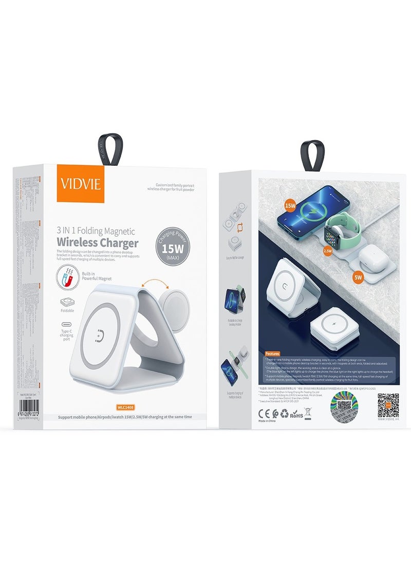 فيدفي شاحن لاسلكي مغناطيسي 3 في 1 يشحن الهاتف، السماعات، والساعة بسرعة وكفاءة. تصميم خفيف الوزن مع مؤشر شحن وكابل Type-C مرفق. - Image 4