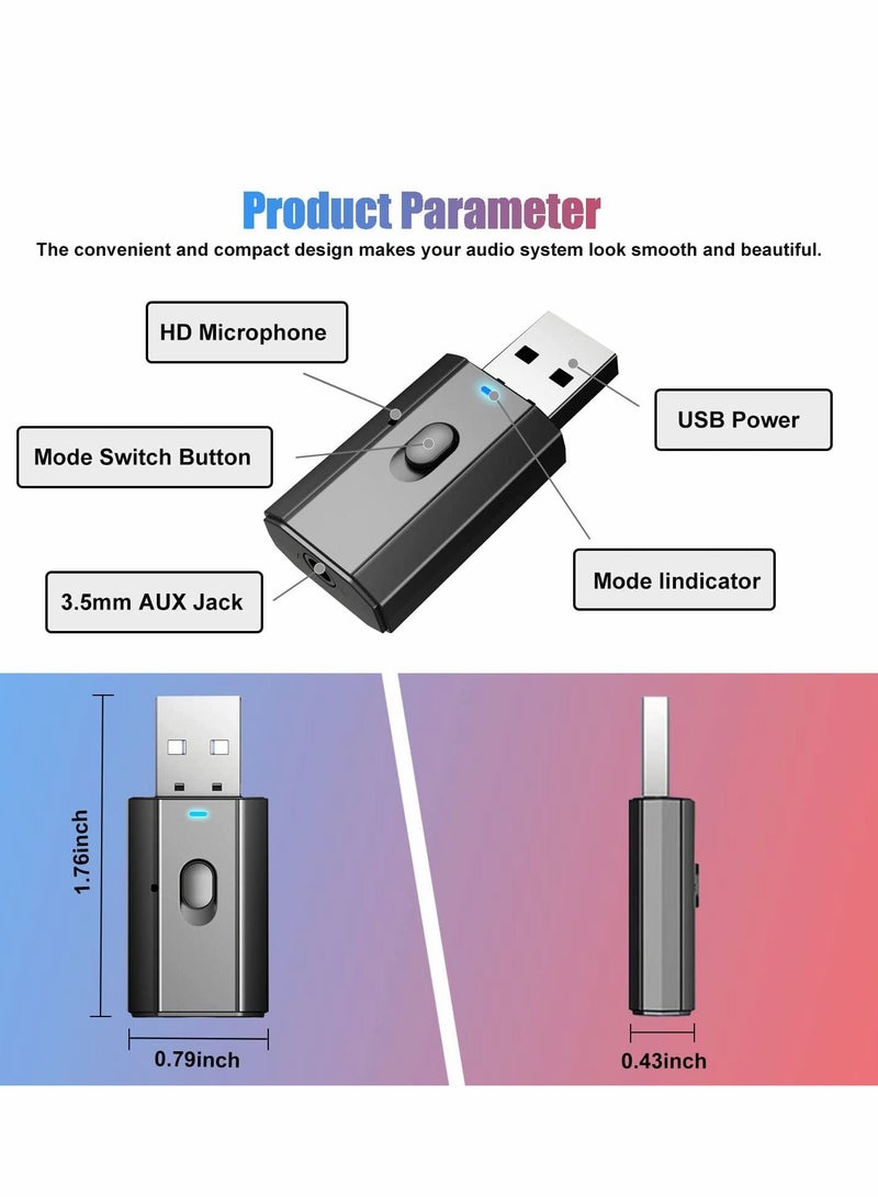 Bluetooth Adapters, Wireless Bluetooth, Bluetooth Receiver, Bluetooth Transmitter, for Car Headphone Home Stereo, for TV PC, 5.0 Music Receiver USB Bluetooth Transmitter Receiver 2 in 1 2 PCS (Black) - Image 5