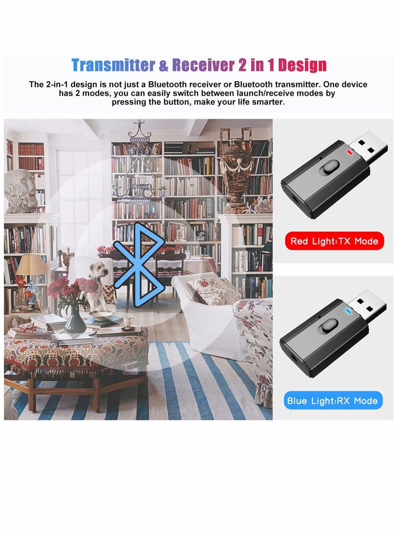Bluetooth Adapters, Wireless Bluetooth, Bluetooth Receiver, Bluetooth Transmitter, for Car Headphone Home Stereo, for TV PC, 5.0 Music Receiver USB Bluetooth Transmitter Receiver 2 in 1 2 PCS (Black) - Image 3