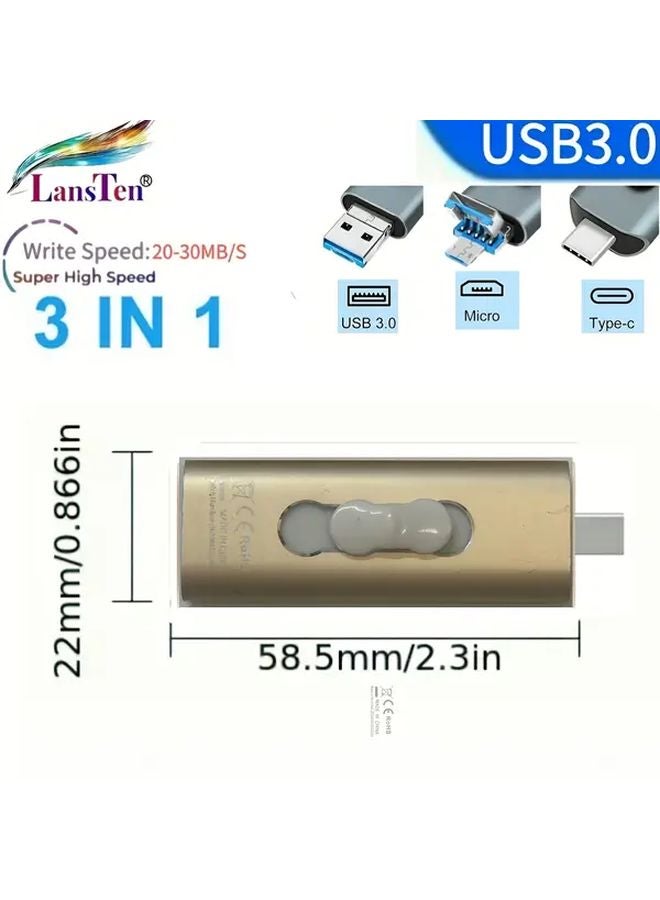 128GB 3 In 1 Flash Drive Type C Micro USB A High Speed Photo Backup Memory Stick - Image 3