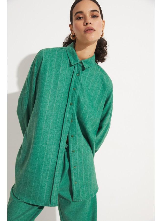 JUNE Women Exclusive Boyfirend/Wide Fit Viscose Blend Striped Shirt Green - Image 3