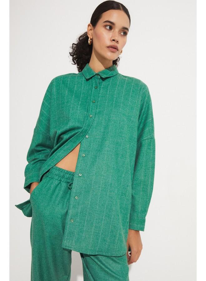 JUNE Women Exclusive Boyfirend/Wide Fit Viscose Blend Striped Shirt Green - Image 1