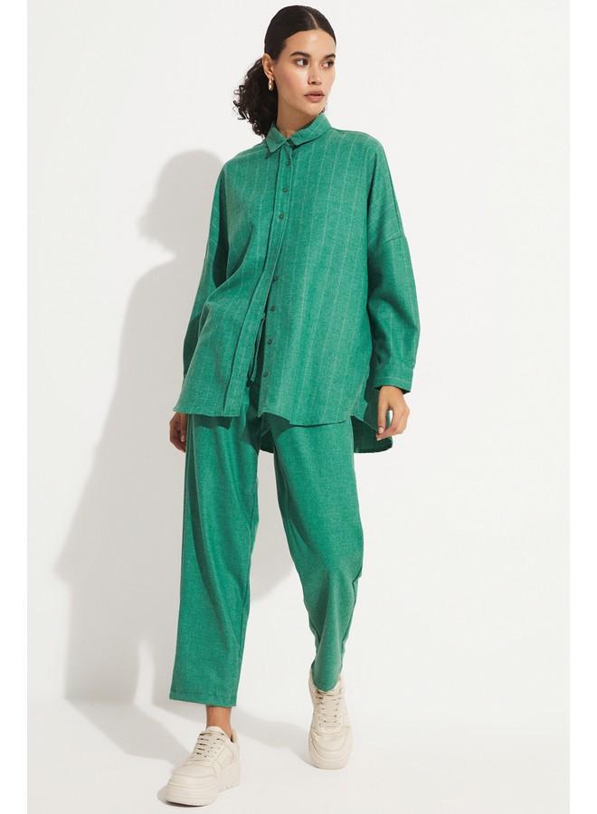 JUNE Women Exclusive Boyfirend/Wide Fit Viscose Blend Striped Shirt Green - Image 2