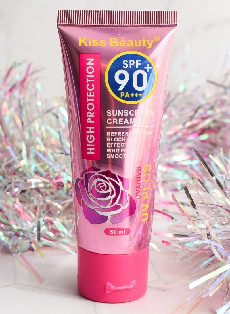 Kiss Beauty كريم واقي من الشمس SPF90 PA +++ 60 مل حماية عالية من الأشعة فوق البنفسجية مرطب للوجه والجسم خفيف الوزن - Image 1