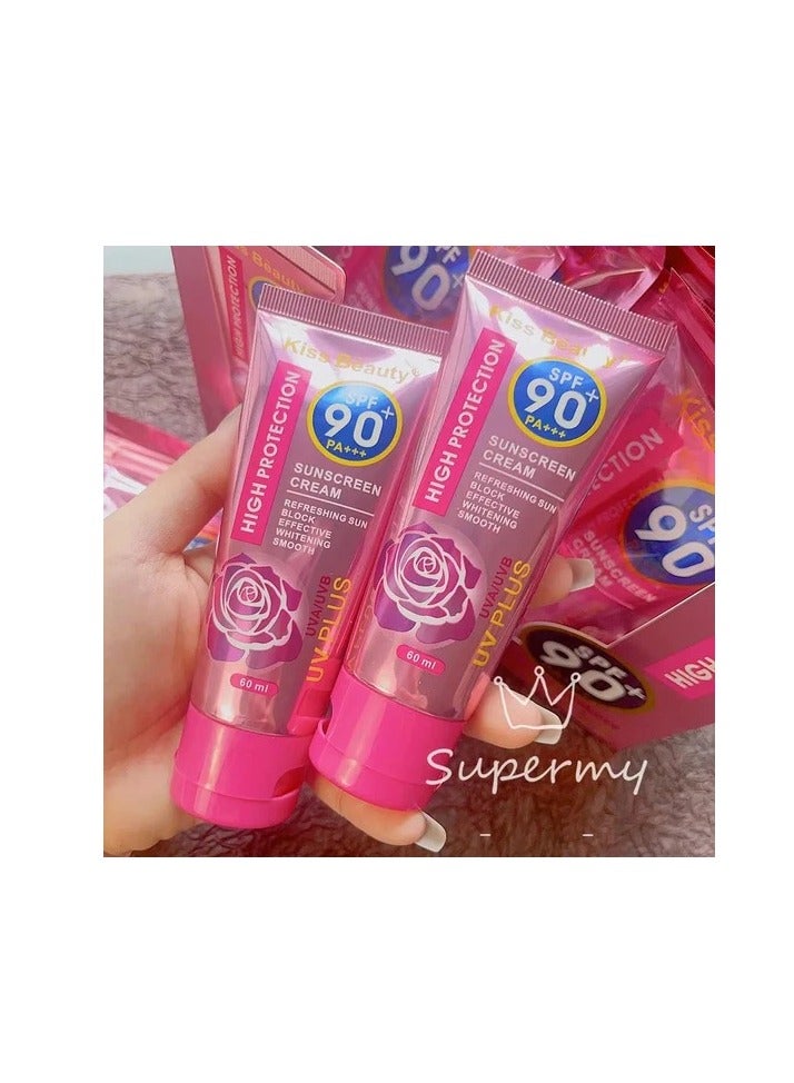 Kiss Beauty كريم واقي من الشمس SPF90 PA +++ 60 مل حماية عالية من الأشعة فوق البنفسجية مرطب للوجه والجسم خفيف الوزن - Image 2