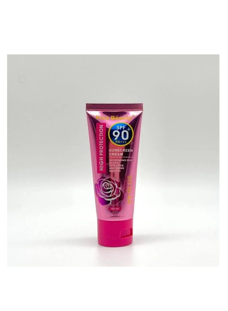 Kiss Beauty كريم واقي من الشمس SPF90 PA +++ 60 مل حماية عالية من الأشعة فوق البنفسجية مرطب للوجه والجسم خفيف الوزن - Image 4