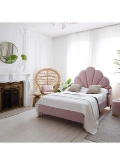 Homzmart white Wood and Velvet Queen Bed 200x140x140 cm - Pink  - Image 1
