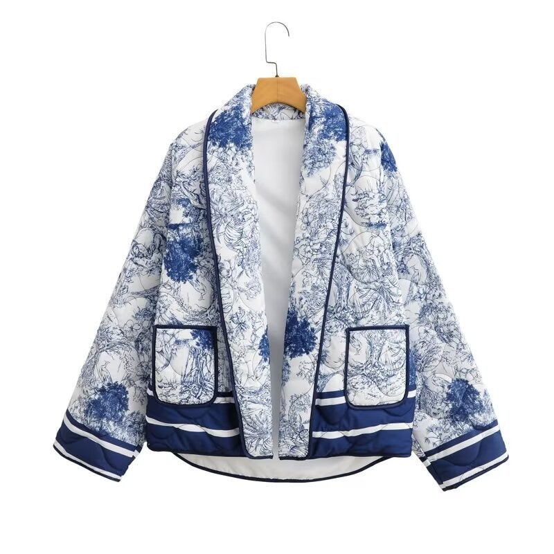 2024 Autumn Blue Printed Cotton Jacket Women Khaki color - Image 5