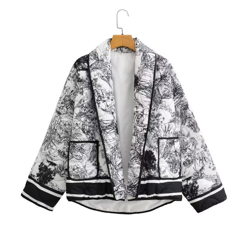 2024 Autumn Blue Printed Cotton Jacket Women Khaki color - Image 3