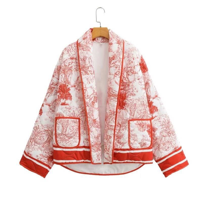 2024 Autumn Blue Printed Cotton Jacket Women Khaki color - Image 2