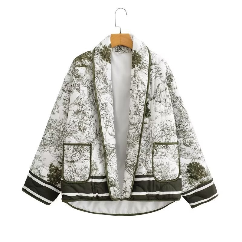 2024 Autumn Blue Printed Cotton Jacket Women Khaki color - Image 4
