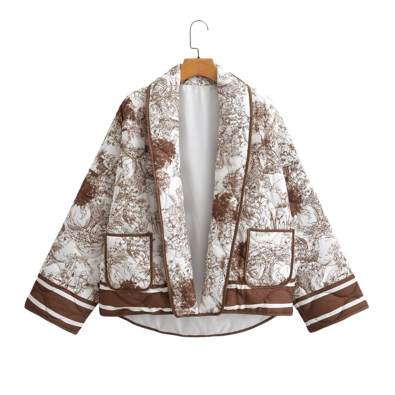 2024 Autumn Blue Printed Cotton Jacket Women Khaki color - Image 1