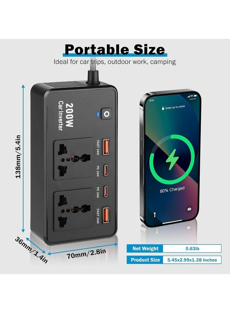 ELTRAZONE محول طاقة السيارة 200 واط DC 12V إلى AC 220V - مع منفذ شحن سريع USB-C ومخرجات USB مزدوجة - محول محمول للهواتف، أجهزة الكمبيوتر المحمولة، الأجهزة اللوحية، والأجهزة الصغيرة - Image 4