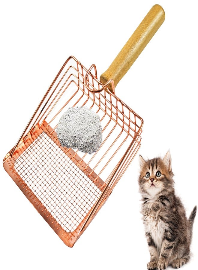 MUYG Metal Kitty Litter Scoop,Fast Sifting Litter Scooper for Cats,Cat Poop Scooper with Wood Handle & Hook Rose Gold Solid Two Mesh Kitten Deep Shovel - Image 1