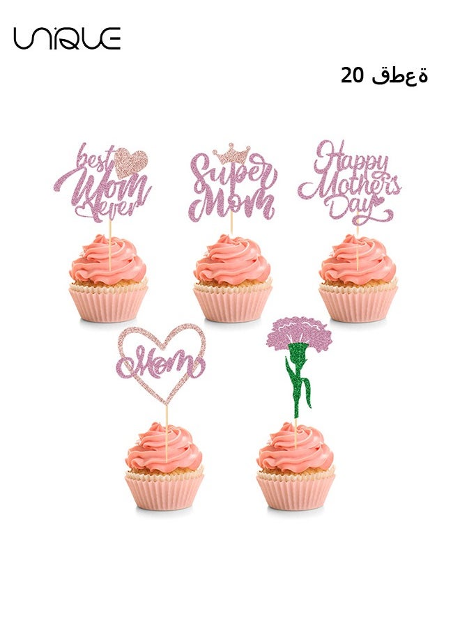 Unique - 20Pcs Mother's Day Cupcake Toppers Glitter Happy Mother's Day Cupcake Toppers Super Mom Cupcake Picks Mother Birthday Party Cake Decorations Supplies - Image 1