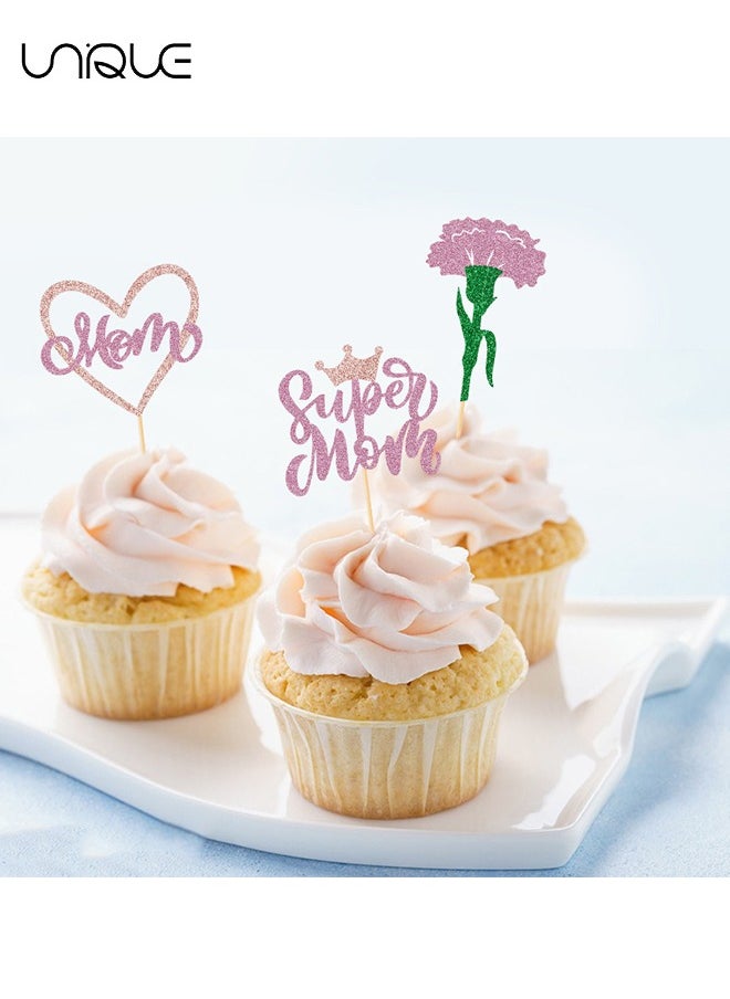 Unique - 20Pcs Mother's Day Cupcake Toppers Glitter Happy Mother's Day Cupcake Toppers Super Mom Cupcake Picks Mother Birthday Party Cake Decorations Supplies - Image 1