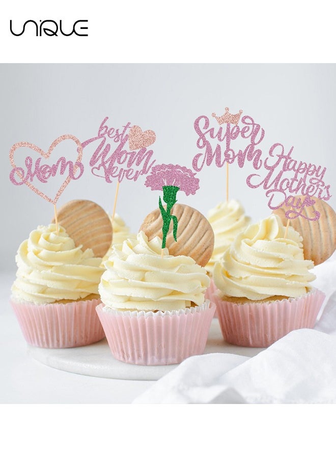 Unique - 20Pcs Mother's Day Cupcake Toppers Glitter Happy Mother's Day Cupcake Toppers Super Mom Cupcake Picks Mother Birthday Party Cake Decorations Supplies - Image 1