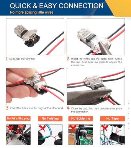 Brightfour Low Voltage Wire Connectors Solid Connection, T Tap Wire Connectors, T Type 2 Pins Wire Splice Connectors, Solderless No Stripping 3 Way Wire Connector for LED Strip, Automotive Fits 24-20 AWG 12 Pack - Image 4