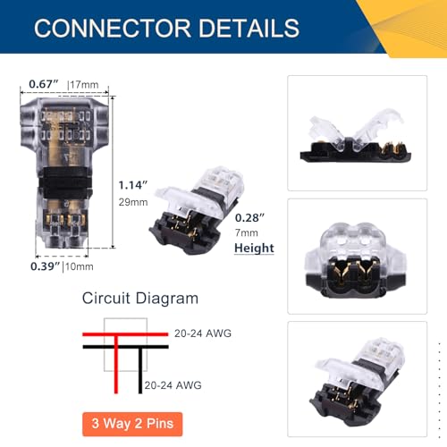 Brightfour Low Voltage Wire Connectors Solid Connection, T Tap Wire Connectors, T Type 2 Pins Wire Splice Connectors, Solderless No Stripping 3 Way Wire Connector for LED Strip, Automotive Fits 24-20 AWG 12 Pack - Image 5