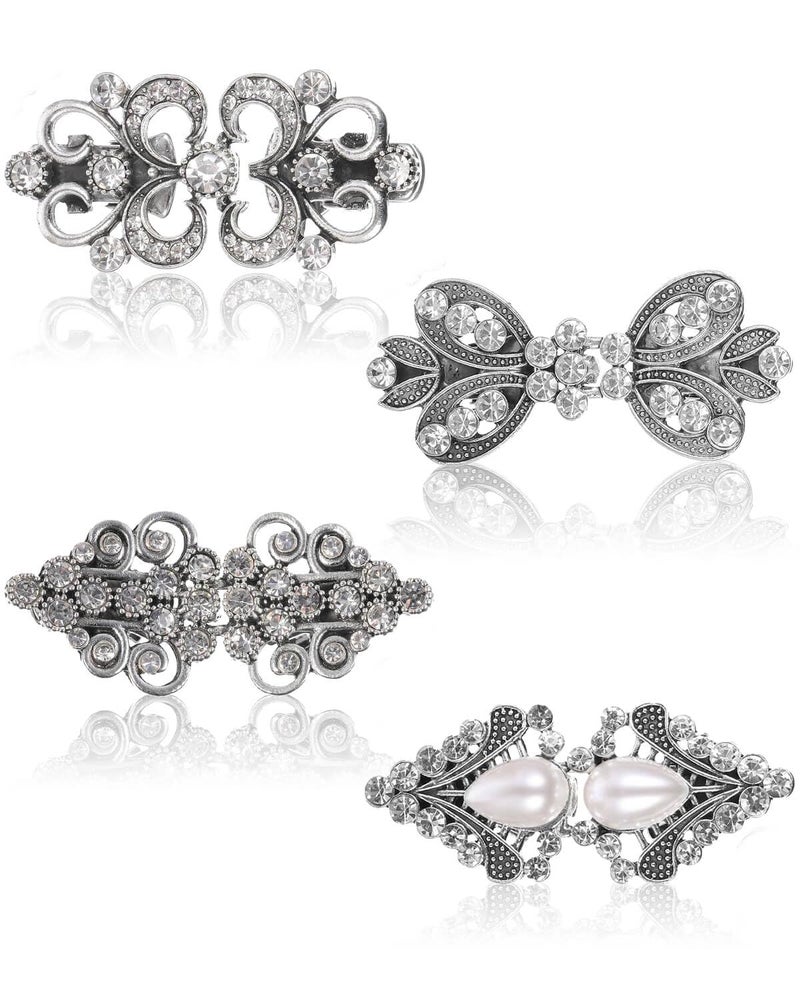 JELIEE 4 PCS Sweater Shawl Clips Dress Clip Cloak Clasp Shawl Clip Vintage Cardigan Clip Retro Cloak Brooches Silver Shawl Pins Back Cinch Rhinestone Shawl Shirt Cardigan Scarf Cinch Clips for Women - Image 1