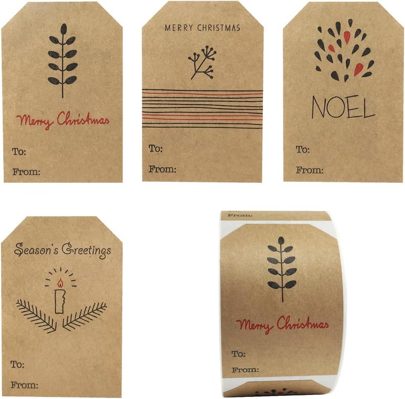 InStockLabels.com Boho Simple Christmas Gift Tag Adhesive Stickers – 2 x 3 Inch Labels, Roll of 100 with Minimalist Designs – Merry Christmas, Noel, and Candle, Made in The USA - Image 1
