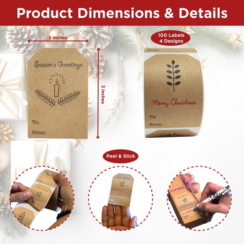 InStockLabels.com Boho Simple Christmas Gift Tag Adhesive Stickers – 2 x 3 Inch Labels, Roll of 100 with Minimalist Designs – Merry Christmas, Noel, and Candle, Made in The USA - Image 5