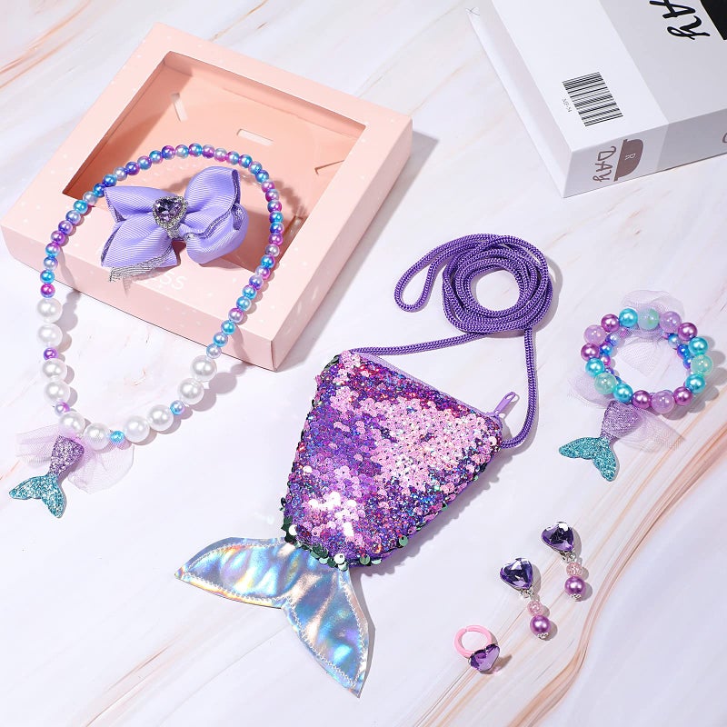 MTLEE 6 Pcs Mermaid Jewelry for Girls, Christmas Gifts Mermaid Jewelry for Kids Pretend Play Costume Accessories Necklace Bracelet Purse Ring Bow Hair Clip Earrings Xmas Dress up Party Decorations - Image 5