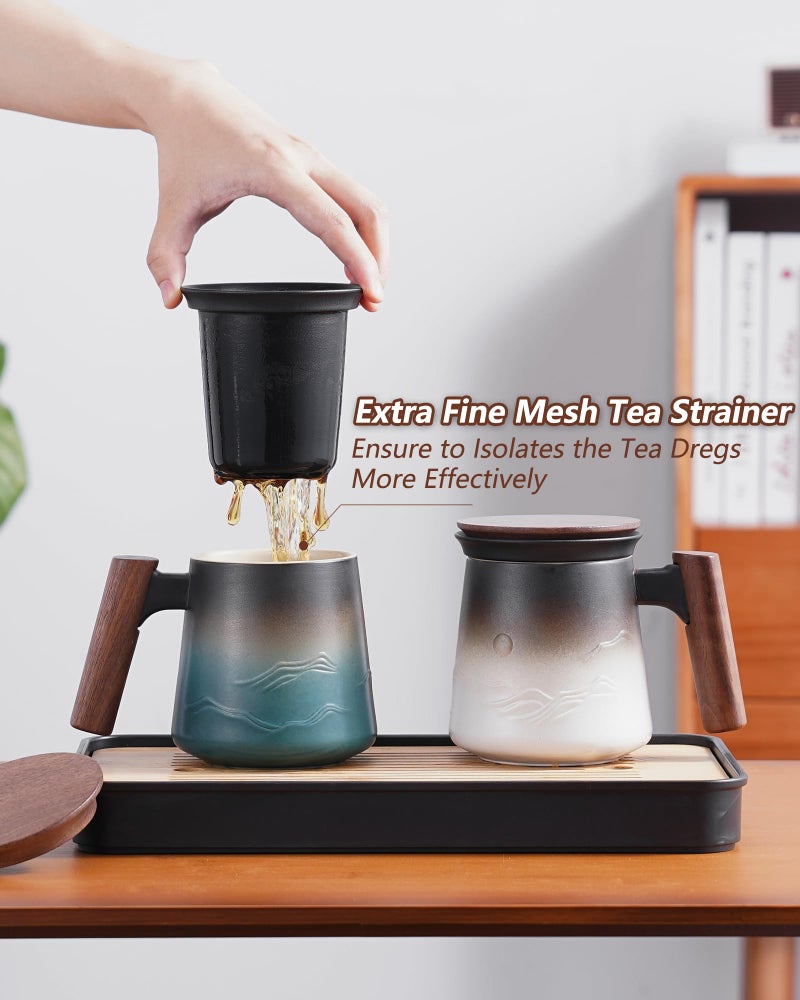 ZENS Embossed Ceramic Tea Mug with Infuser and Lid, 14.5 oz Wooden Handle, Loose Leaf Tea Steeper Cup & Strainer for Tea Lovers Gifts - Image 3
