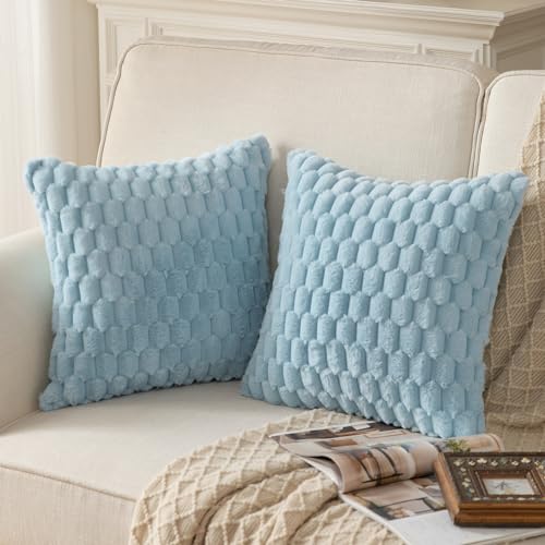 MANDIOO Pack of 2 Light Blue Super Soft Plush Fluffy Decorative Throw Pillow Covers 18x18 inch Faux Fur Wool Velvet Cushion Covers Pillow Cases Couch Sofa Bed Living Room - Image 3
