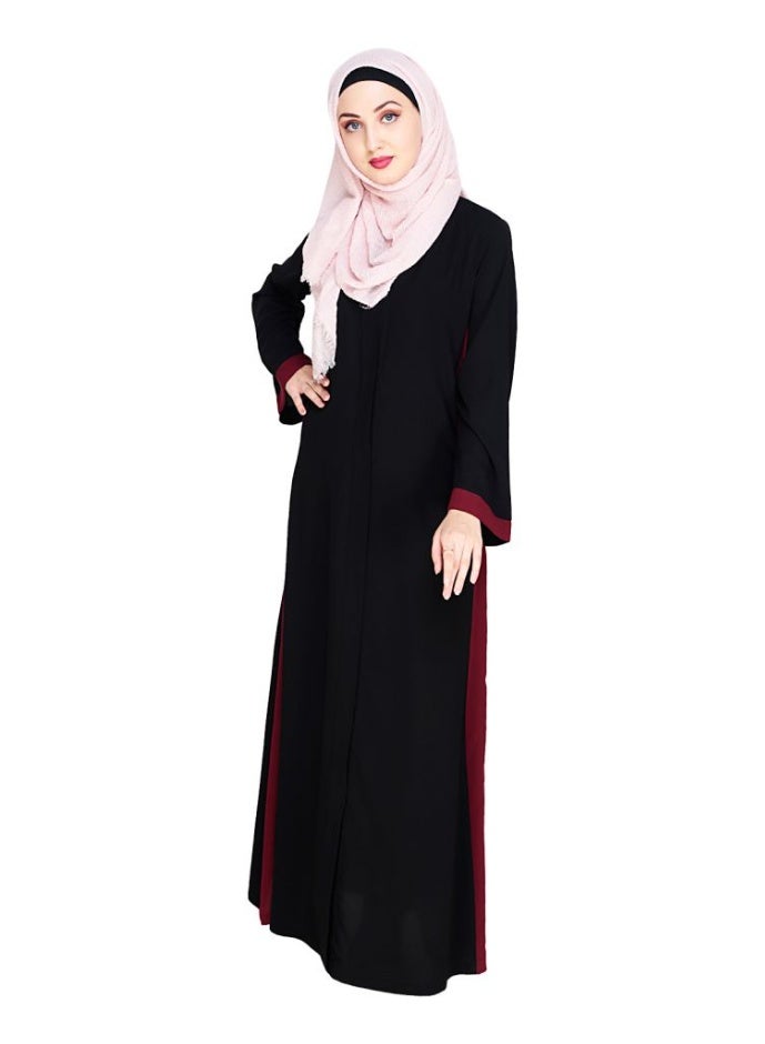 عباية سوداء وحمراء بياقة على شكل حرف V من قماش نيدا فاخر مع وشاح متناسق  - Image 1