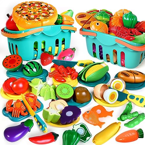 BAODLON 100 Pcs Play Food Set for Kids Kitchen Pretend Food Toy for Toddlers Age 13 Plastics Cutting Fake Food Fruit Vegetable Accessories with 2 Baskets Birthday Gifts for 2 3 4 5 Years Old Boys Girls - Image 1