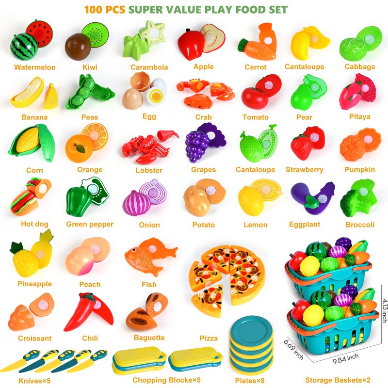 BAODLON 100 Pcs Play Food Set for Kids Kitchen Pretend Food Toy for Toddlers Age 13 Plastics Cutting Fake Food Fruit Vegetable Accessories with 2 Baskets Birthday Gifts for 2 3 4 5 Years Old Boys Girls - Image 3