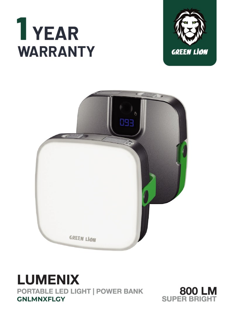 GREEN LION Lumix Portable LED Light with 2000*2 mAh Power Bank / 10W Power Portable Charger / 6-24 Hrs Working Time / 6 Hrs Charging Time / 800 lm Brightness / USB-C Charging Port / 5 Colors Light Modes / Material: ABS + PC / 90° Angle Adjustable - Gray - Image 1