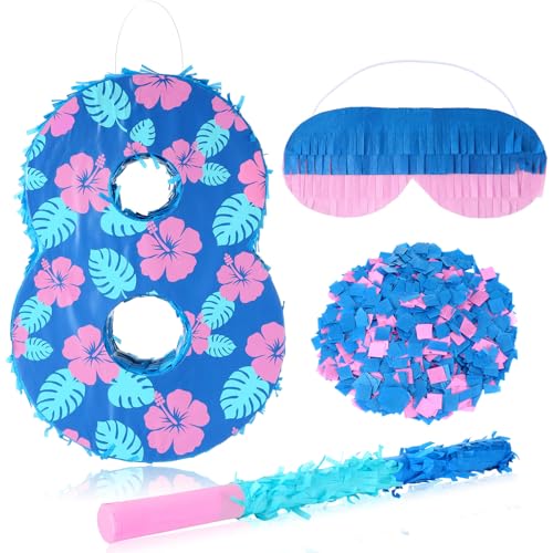 Halloscume Number 8 Piata with Hibiscus Design Dark Blue 8th Birthday Decorations with Stick Blindfold Confetti for Anniversary Party Decorations Supplies - Image 1