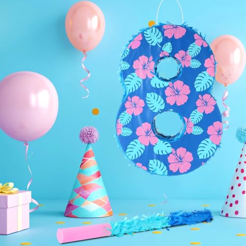 Halloscume Number 8 Piata with Hibiscus Design Dark Blue 8th Birthday Decorations with Stick Blindfold Confetti for Anniversary Party Decorations Supplies - Image 5